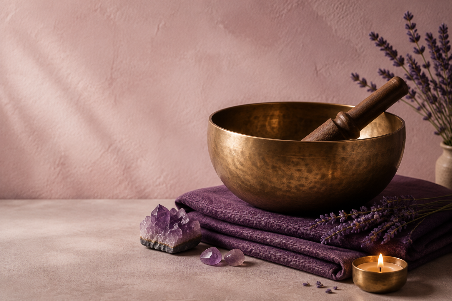 Cuenco tibetano, amatista y lavanda en una escena serena